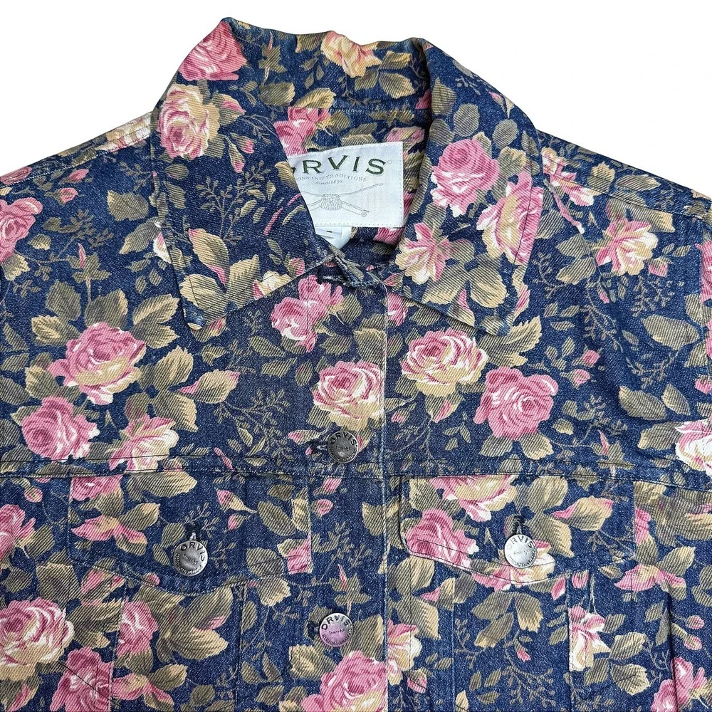 Orvis Floral Denim Jean Jacket Skirt Set Roses Button Up Y2K Cottagecore Grandma